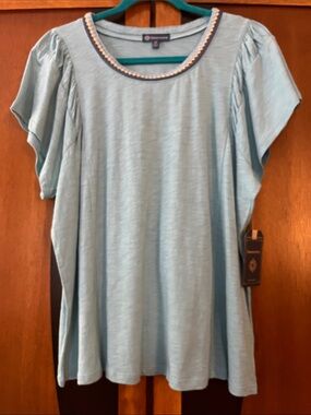 NWT Democracy Light Blue Embellished Scoop Neck Top w/Pleated Flutter Sleeves